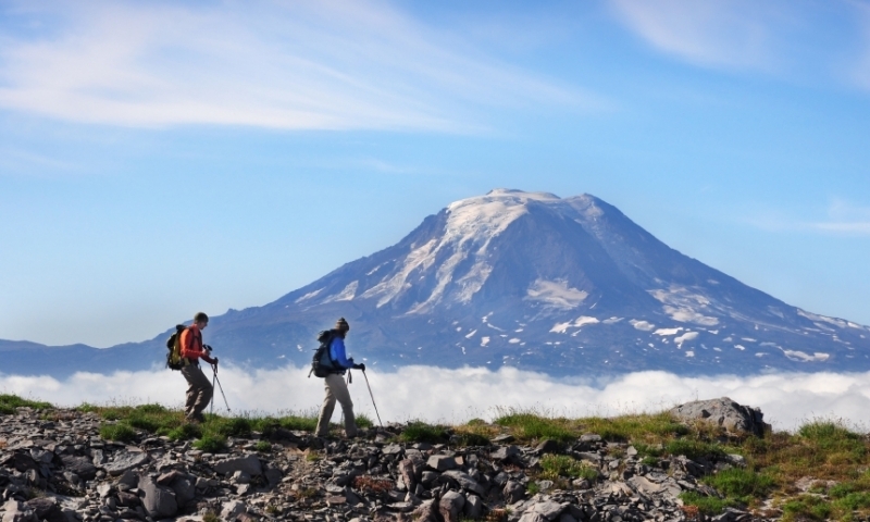 Hiking in front of Mount Adams