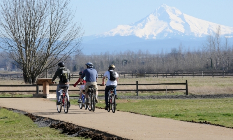 Family Biking with a view of Mount Hood